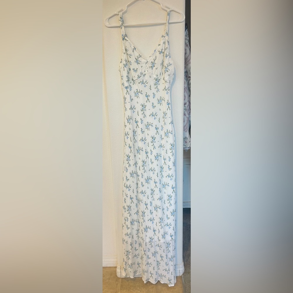 White Floral Maxi Dress with Blue Print - Sleeveless V-Neck